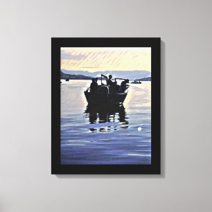mannen vissen in het meer abstracte silhouet kunst canvas afdruk