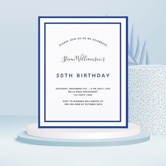 Mannen voor verjaardagsnavy blauwe witte uitnodigi
