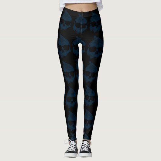 Mannen Vrouwen Halloween Blauw Zwart Schedel Leggings (Voorkant)