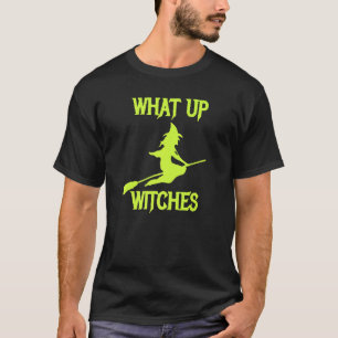 Mannen wat up heksen groene halloween heks vliegen t-shirt