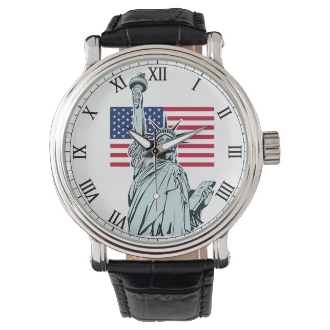 Mannen Watch met Amerikaanse vlag en Vrijheidsbeel Horloge (Voorkant)