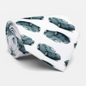 Mannen zilveren sportwagen op witte zijde stropdas (Opgerold)