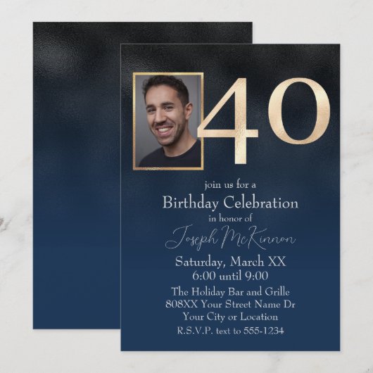 Mannen Zwart en Navy Blue 40e verjaardag Kaart (Voorkant / Achterkant)