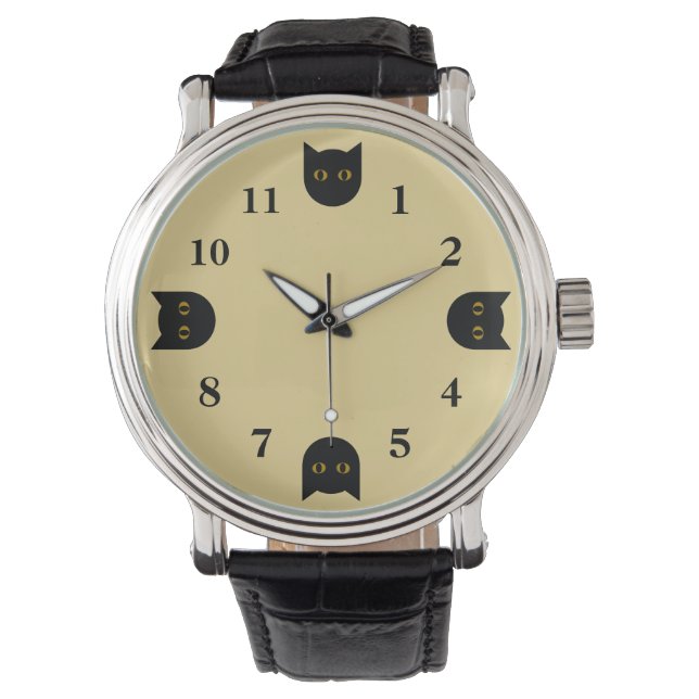 Mannen zwart kattenhorloge horloge (Voorkant)