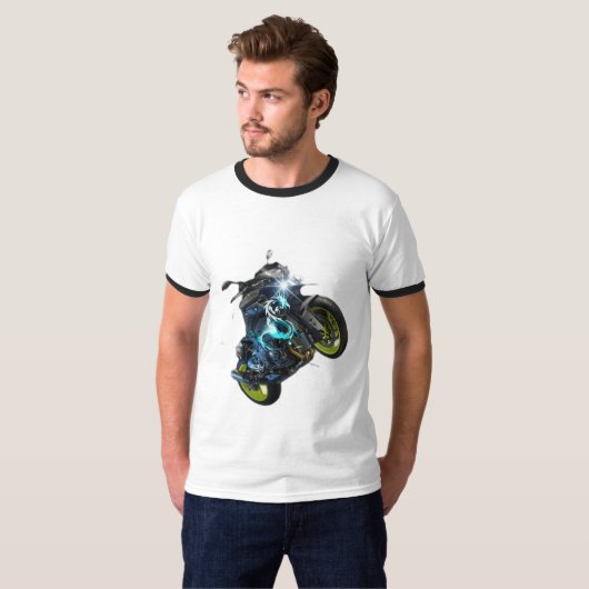 Mannen zwart-wit T-shirt met motor dr (Voorkant volledig)