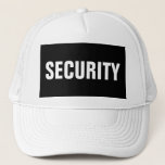 Mannen Zwart Wit  veiligheidstekst Trucker Pet<br><div class="desc">Voeg hier Afbeelding Company Logo Text Modern Elegant Sjabloon Mannen toe Security Member Black White Baseball Pet / Trucker Hat.</div>