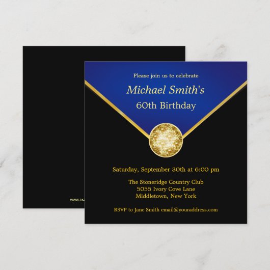 Mannen zwarte goudblauw Elegant Birthday-uitnodigi Kaart (Voorkant / Achterkant)