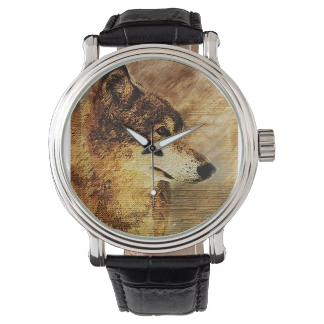 Mannen Zwarte horloge met houtwolf illustratie (Voorkant)