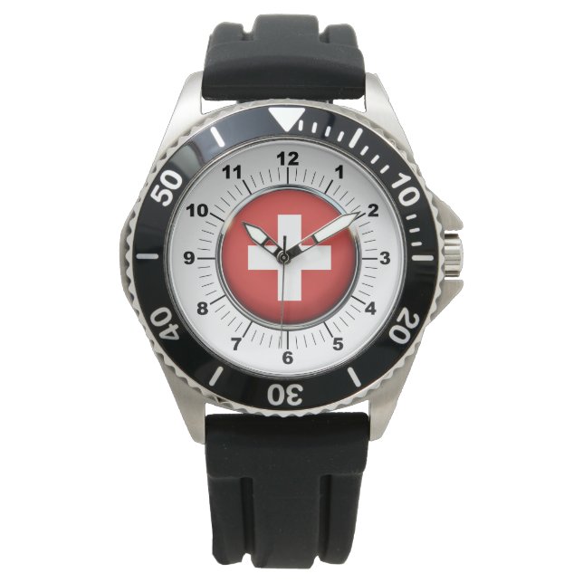 Mannen Zwitserland Vlag Zwart Rubber Strap Horloge (Voorkant)