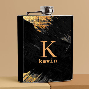 Mannenmonogram modern zwart goud gepersonaliseerd heupfles