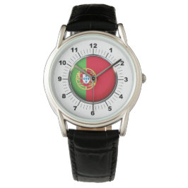 Mannen's Portugal Flag zwart lederen bandhorloge Horloge