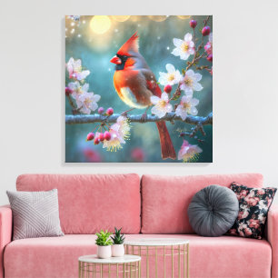 Mannetjes kardinaal in het maanlicht Kersenbloesem Canvas Afdruk