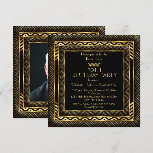 Mans Birthday Party Photo Crown Gold Art Deco Kaart (Voorkant / Achterkant)