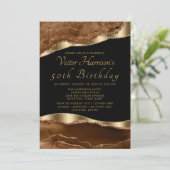 Mans Brown Black Gold Agate Birthday Party Kaart (Staand voorkant)