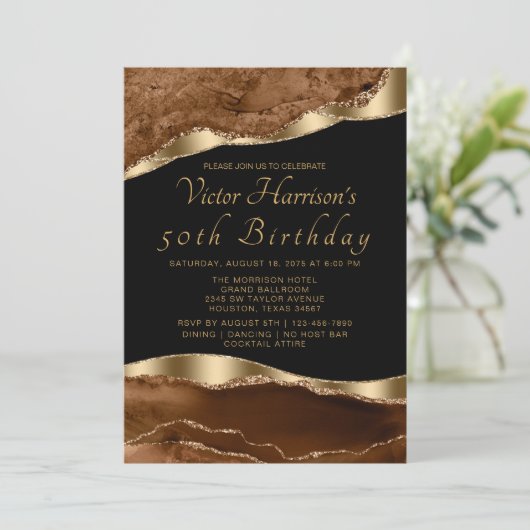 Mans Brown Black Gold Agate Birthday Party Kaart (Staand voorkant)