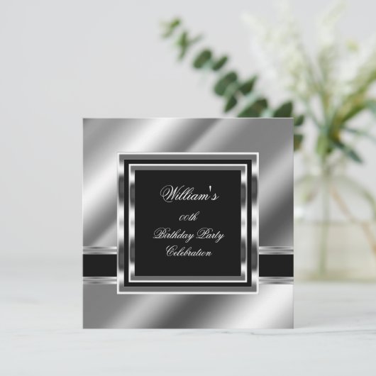 Mans Elegant Black Silver Birthday Party Mannen 2 Kaart (Staand voorkant)