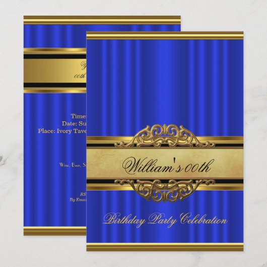 Mans Elegant Blue Gold Birthday Party Mannen Kaart (Voorkant / Achterkant)