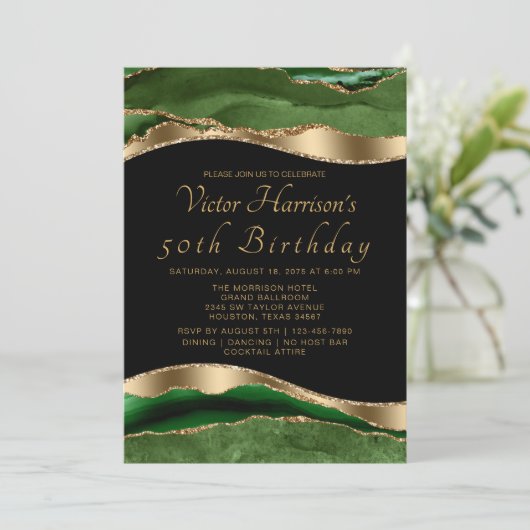 Mans Emerald Green Gold Agate Birthday Party Kaart (Staand voorkant)