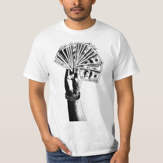 Mans hand Holding 100 dollar factureert geld kunst T-shirt (Voorkant)