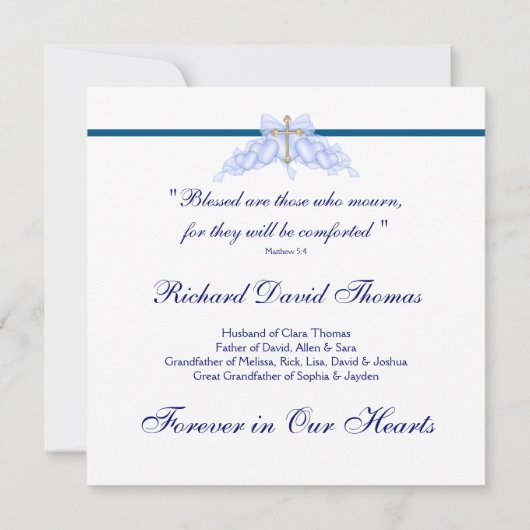 Mans Navy Blue Cross Mourning Kaart (Achterkant)