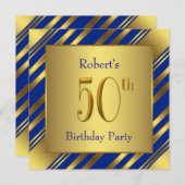 Mans Royal Blue en Gold 50ste verjaardagsfeest Kaart (Voorkant / Achterkant)