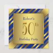 Mans Royal Blue en Gold 50ste verjaardagsfeest Kaart (Voorkant)