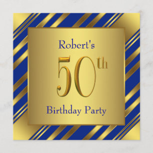 Mans Royal Blue en Gold 50th Birthday Party Kaart
