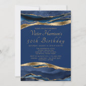 Mans Royal Blue Gold Agate Birthday Party Kaart (Voorkant)