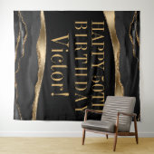 Mans verjaardagsfeest achtergrond zwart goud agaat wandkleed (In Situ (horizontaal))