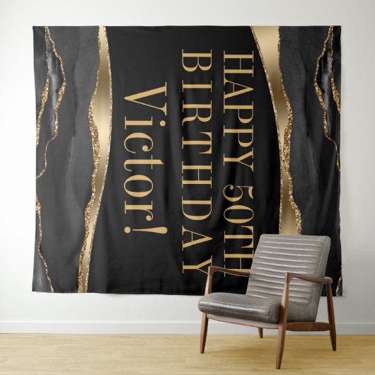 Mans verjaardagsfeest achtergrond zwart goud agaat wandkleed (In Situ (horizontaal))