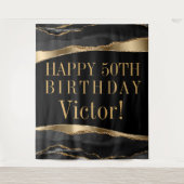 Mans verjaardagsfeest achtergrond zwart goud agaat wandkleed (Voorkant)