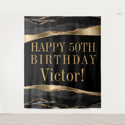 Mans Verjaardagsfeest Achtergrond Zwarte Goud Agat Wandkleed (Voorkant)
