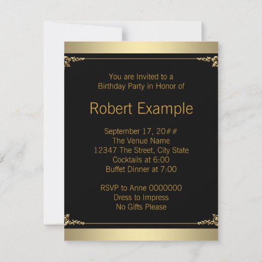 Mans Zwart en Goud Verjaardagsfeestje Kaart (Achterkant)