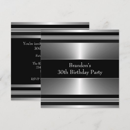 Mans Zwart en Zilver Verjaardagsfeest Kaart (Voorkant / Achterkant)