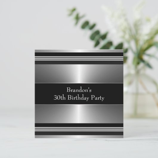 Mans Zwart en Zilver Verjaardagsfeest Kaart (Staand voorkant)