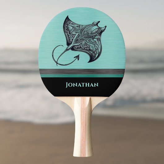 Manta Ray on Teal Faux Brushed Metal Monogrammed Tafeltennisbatje