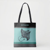 Manta Ray on Teal Faux Brushed Metal Monogrammed Tote Bag (Voorkant)