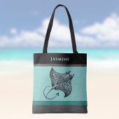 Manta Ray on Teal Faux Brushed Metal Monogrammed Tote Bag