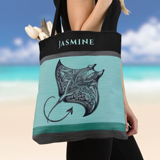 Manta Ray on Teal Faux Brushed Metal Monogrammed Tote Bag