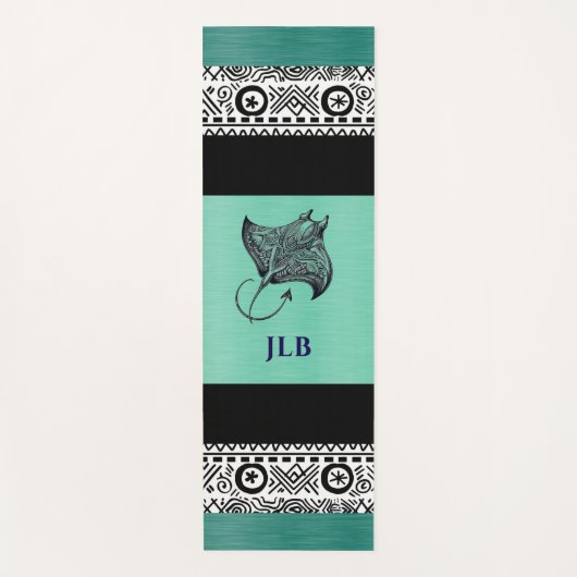 Manta Ray Polynesian Pattern Teal Green Monogram  Yogamat (Voorkant)