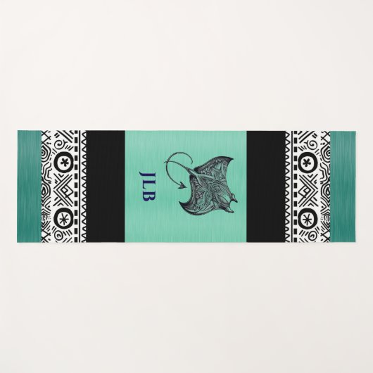 Manta Ray Polynesian Pattern Teal Green Monogram  Yogamat (Voorkant (horizontaal))