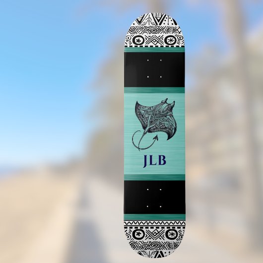 Manta Ray Teal Black White Polynesian w Initial Persoonlijk Skateboard