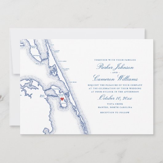 Manteo NC OBX Kaart Elegante Navy Bruiloft (Voorkant)