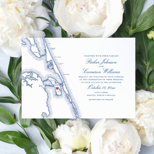Manteo NC OBX Kaart Elegante Navy Bruiloft