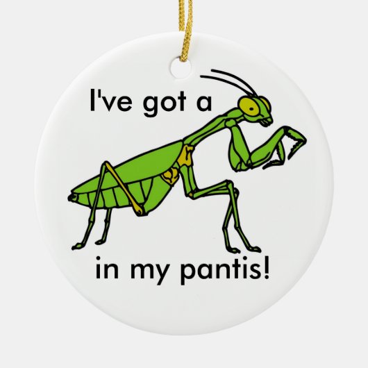 Mantis in mijn Pantis. Keramisch Ornament (Voorkant)