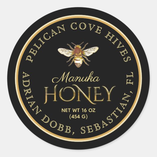 Manuka Honey Black Metallic Gold  Bee Ronde Sticker (Voorkant)