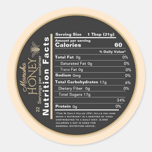 Manuka Honey Mini Nutrition Feiten met bijen Ronde Sticker (Voorkant)