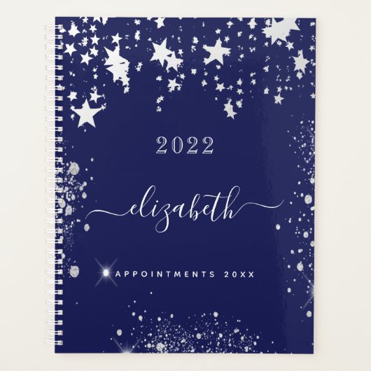 Manuscript 2023 van marineblauw, wit glitterstofmo planner (Voorkant)