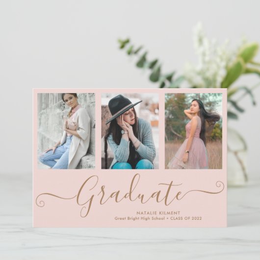 Manuscript Afstuderen 3 Foto Collage Pink Afstuder Aankondiging (Staand voorkant)