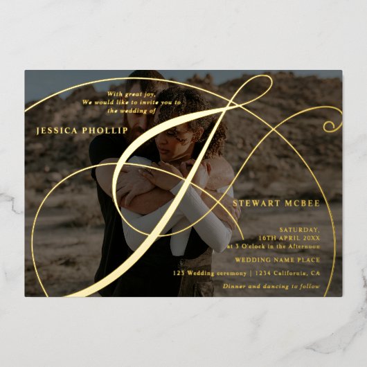 Manuscript ampersand 2 foto's calligrafie bruiloft folie uitnodiging (Voorkant)